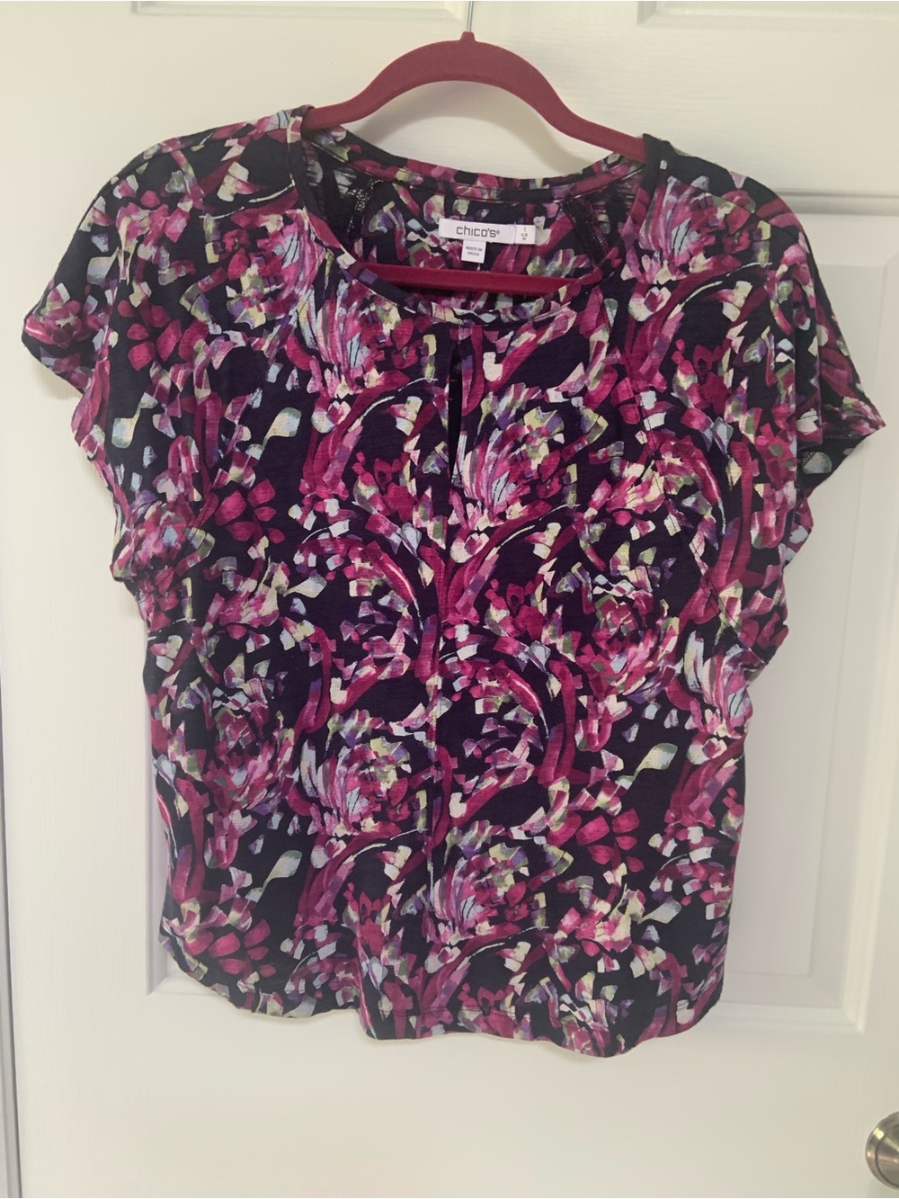 Chico's Black Top with Pink Floral Pattern